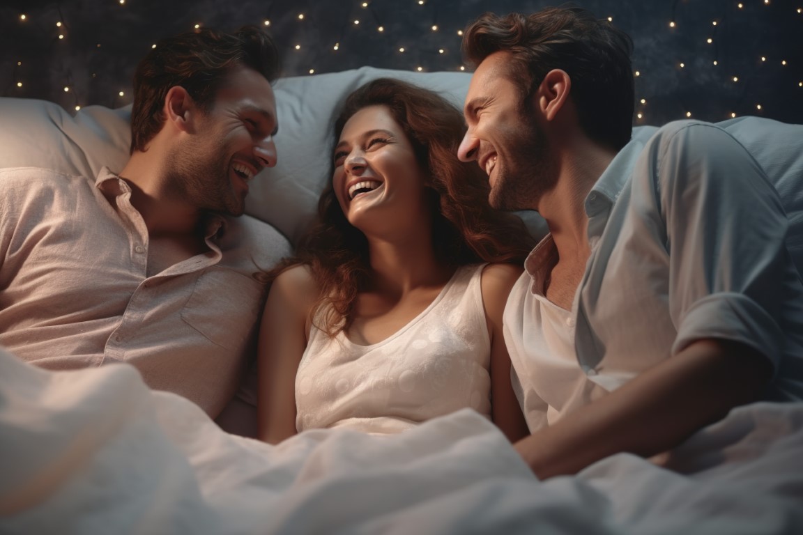 Dwóch mężczyzn i kobieta w łóżku śmiejących się 
